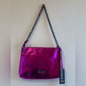 Sharif Legacy Metallic Glazed Chain Strap Mini Hobo in Fuchsia/Magenta/Pink